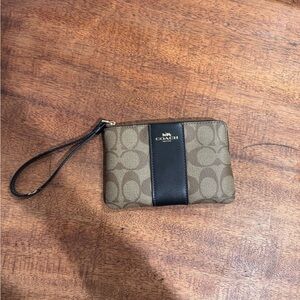 Coach Brown Signature Canvas Wristlet with Black Center Stripe